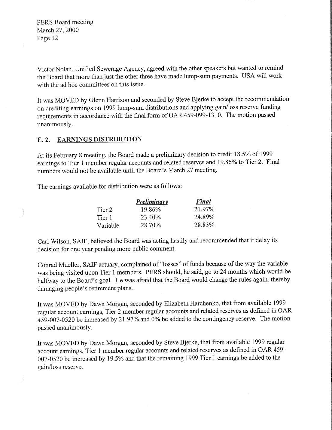 Original packet page 12: Earnings distribution and the first motions. Its contents are described immediately above.